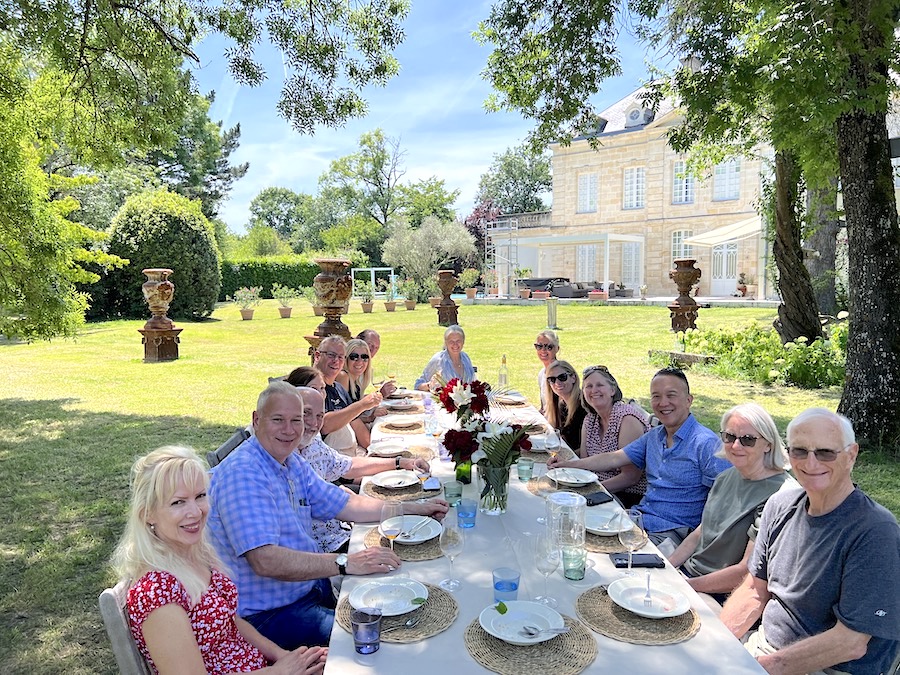 Drinking First Growths for lunch in the gardens of Chateau Coulon Laurensac is a true Bordeaux Wine Experience on the 2024 Bordeaux Grand Cru Tour II 